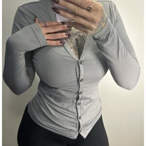 Y2K Currants Button Up Long Sleeve Gray metallic Shirt Women's Small spandex